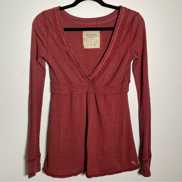 Abercrombie & Fitch Tops - Vintage Abercrombie & Fitch Maroon Ribbed Top V Neck Embroidered Long Sleeve S